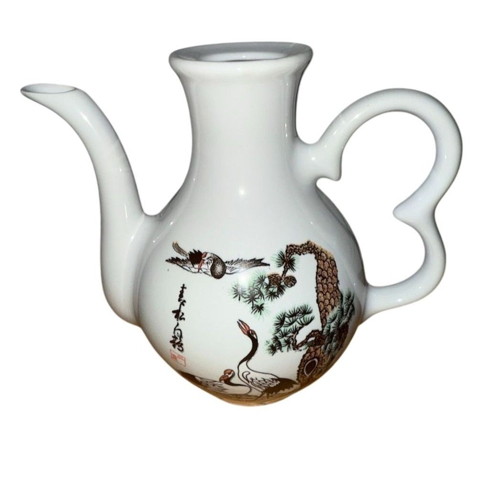 Kutani Vintage Japanese Red Crowned Cranes Porcelain‎ Tea/Sake Pot no lid Japan